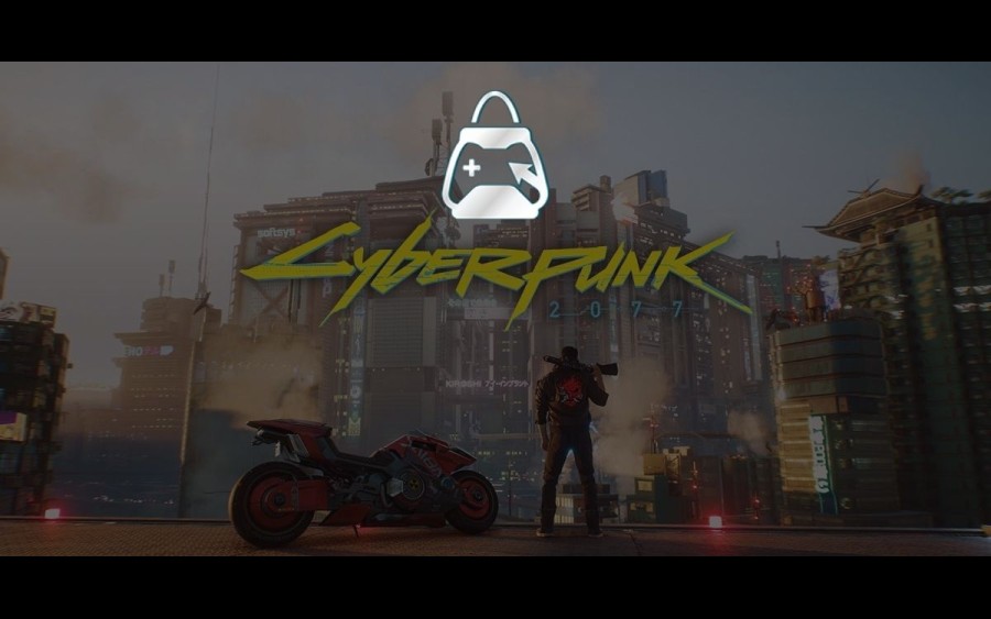 arkaplanda Cyberpunk 2077 fotoğrafı, önde etail logosu