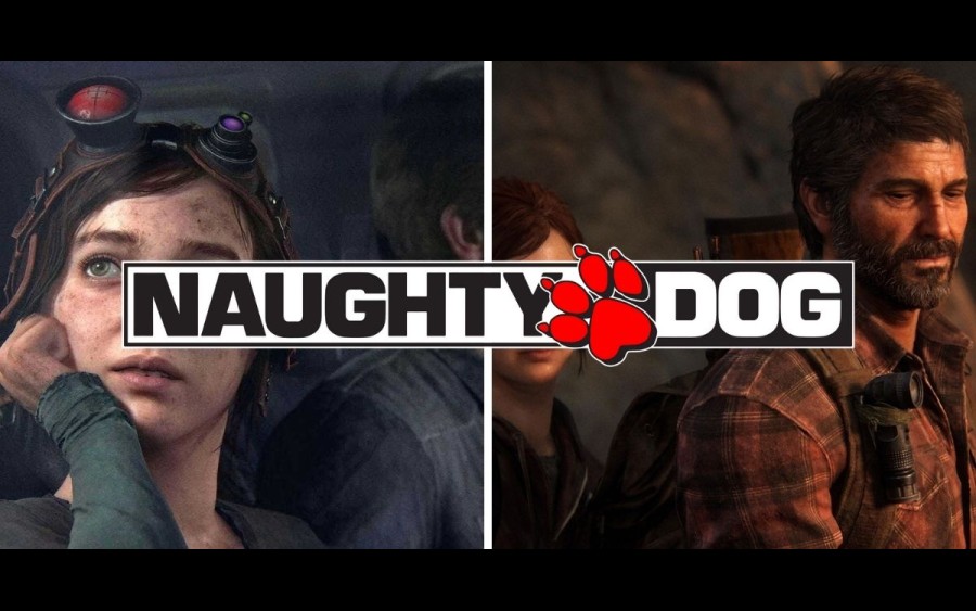 Arka planda The Last of Us Part 1'den Ellie ve Joel, önde Naughty Dog logosu