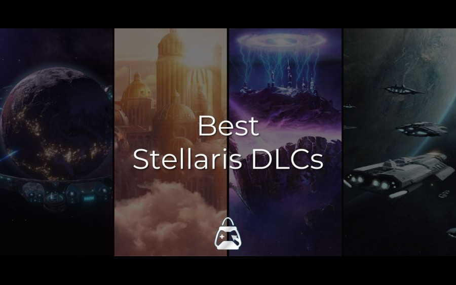 Arka planda 4 adet uzay görseli ve önde Best Stellaris DLCs başlığı