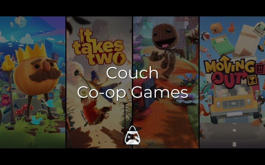 Arka planda 4 oyun (Overcooked, It Takes Two, Sackboy, Moving Out) ve ön tarafta Best Couch Co-op Games başlığı.