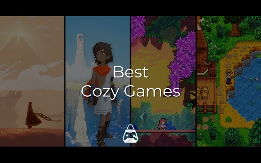 Arka plan da 4 oyun (Rime, Journey, Stardew Valley ve Celeste) ve önde Best Cozy Games başlığı