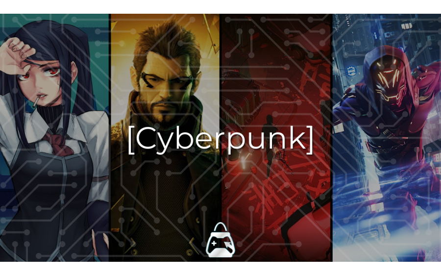 Cyberpunk türüne ait 4 adet oyun görseli üzerine köşeli parantez içine Cyberpunk yazısı