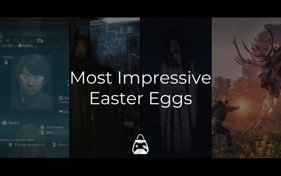 Arka planda Gta V, Witcher 3, Metal Gear Solid V, Batman: Arkham Asylum'dan 4 Easter Egg ve ön tarafta Most Impressive Easter Eggs başlığı.