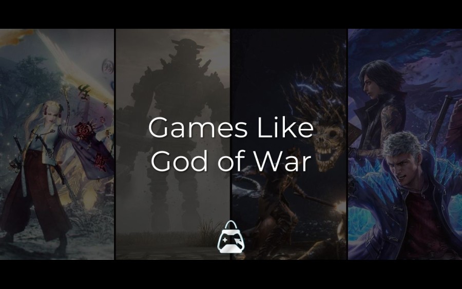 Arka planda 4 oyun (Nioh, Shadow of the Colossus, Bloodborne, Devil May Cry 5) ve önde Games Like God of War başlığı.