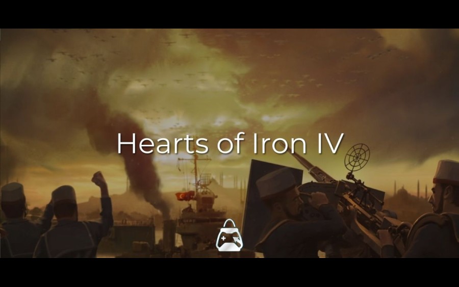 Arkada askerler ve boğazda seyahat eden bir savaş gemisi önde Hearts of Iron IV başlığı.