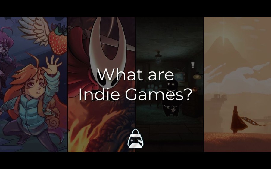 Arka planda 4 Bağımsız Oyun (Celeste, Hollow Knight, Beholder, Journey) ve önde What are Indie Games? başlığı.