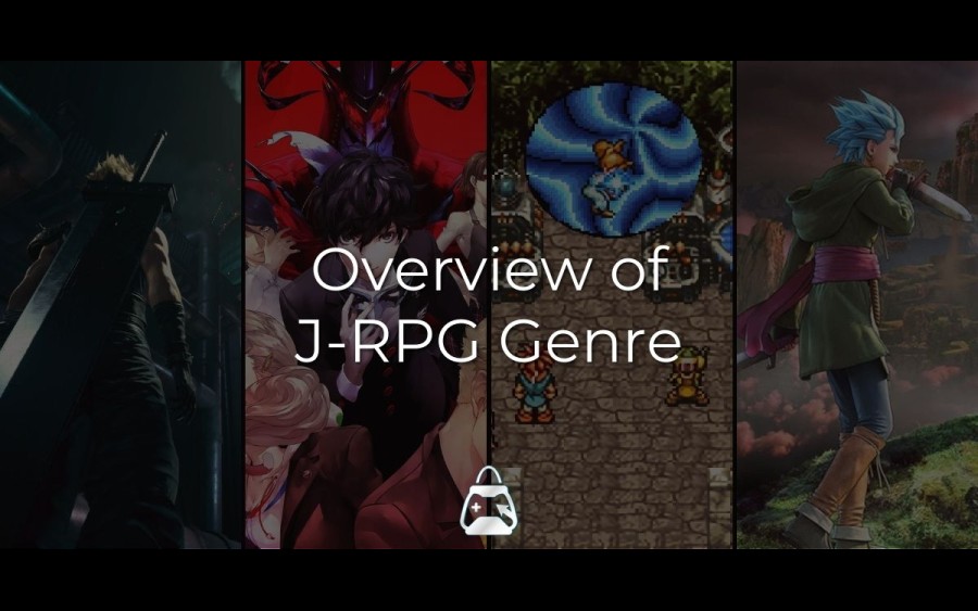 Arka planda 4 adet J-RPG oyun (Persona 5, Dragon Quest XI, Chrono Trigger, Final Fantasy VII) ve önde Overview of J-RPG Genre başlığı. 