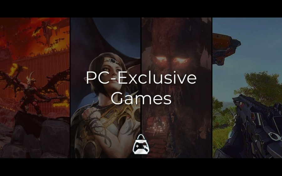Arka planda 4 oyun (Path of Exile, Star Citizen, Total War, Baldur's Gate) ve önde PC-Exclusive Games başlığı