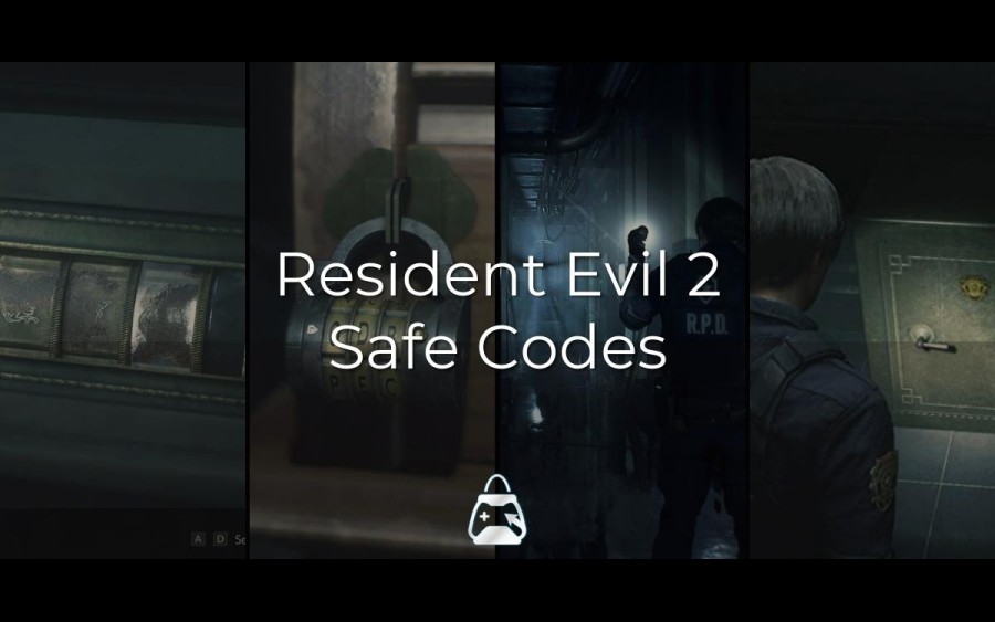 Arka planda 4 oyun içi görüntü ve önde Resident Evil 2 Safe Codes başlığı