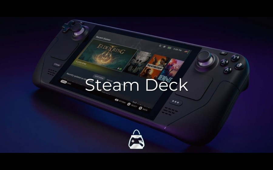 Arka planda Steam Deck oyun konsolu ve ön planda Steam Deck yazısı.